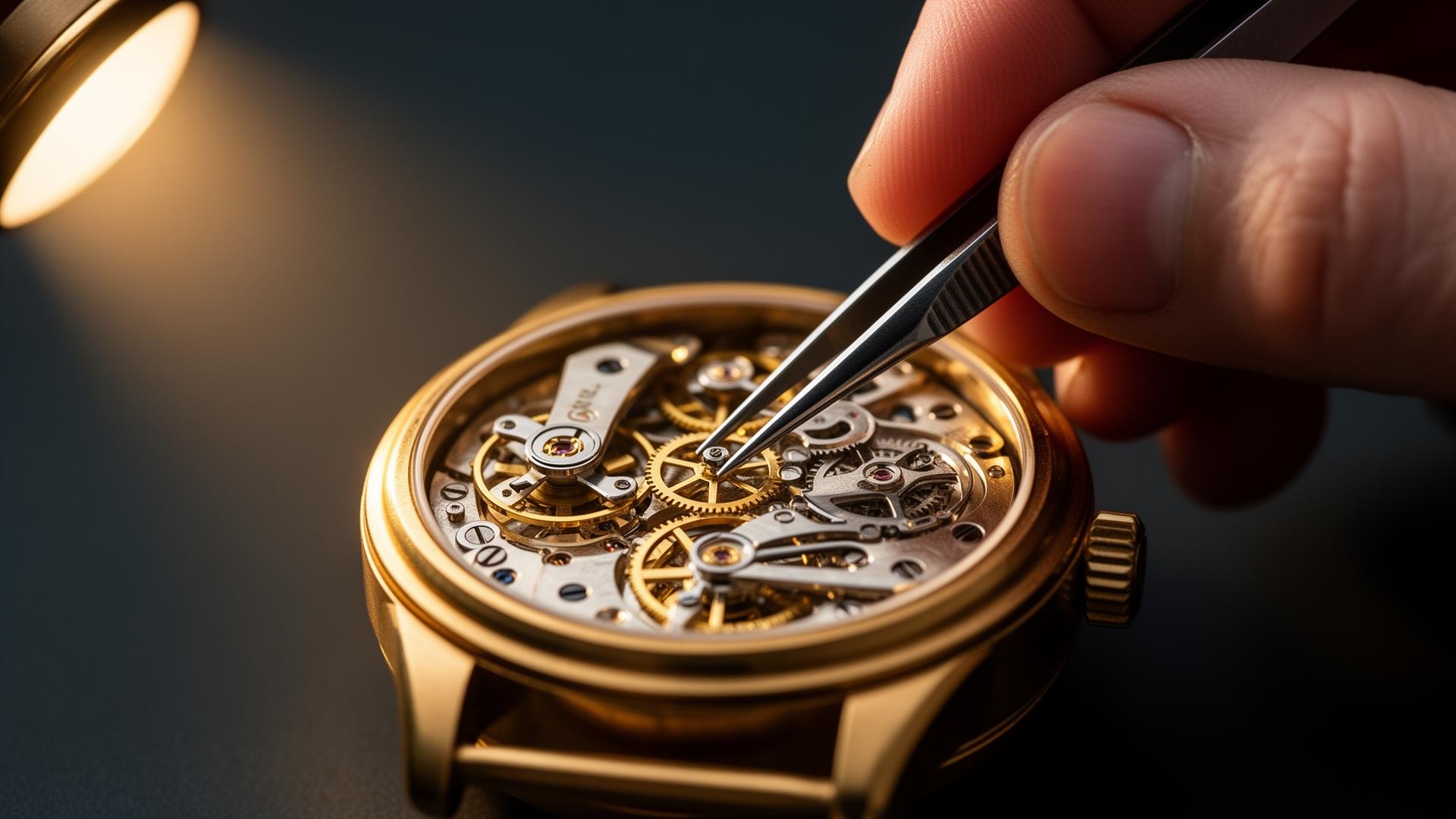 Watchmaker working on a luxury mechanical watch movement