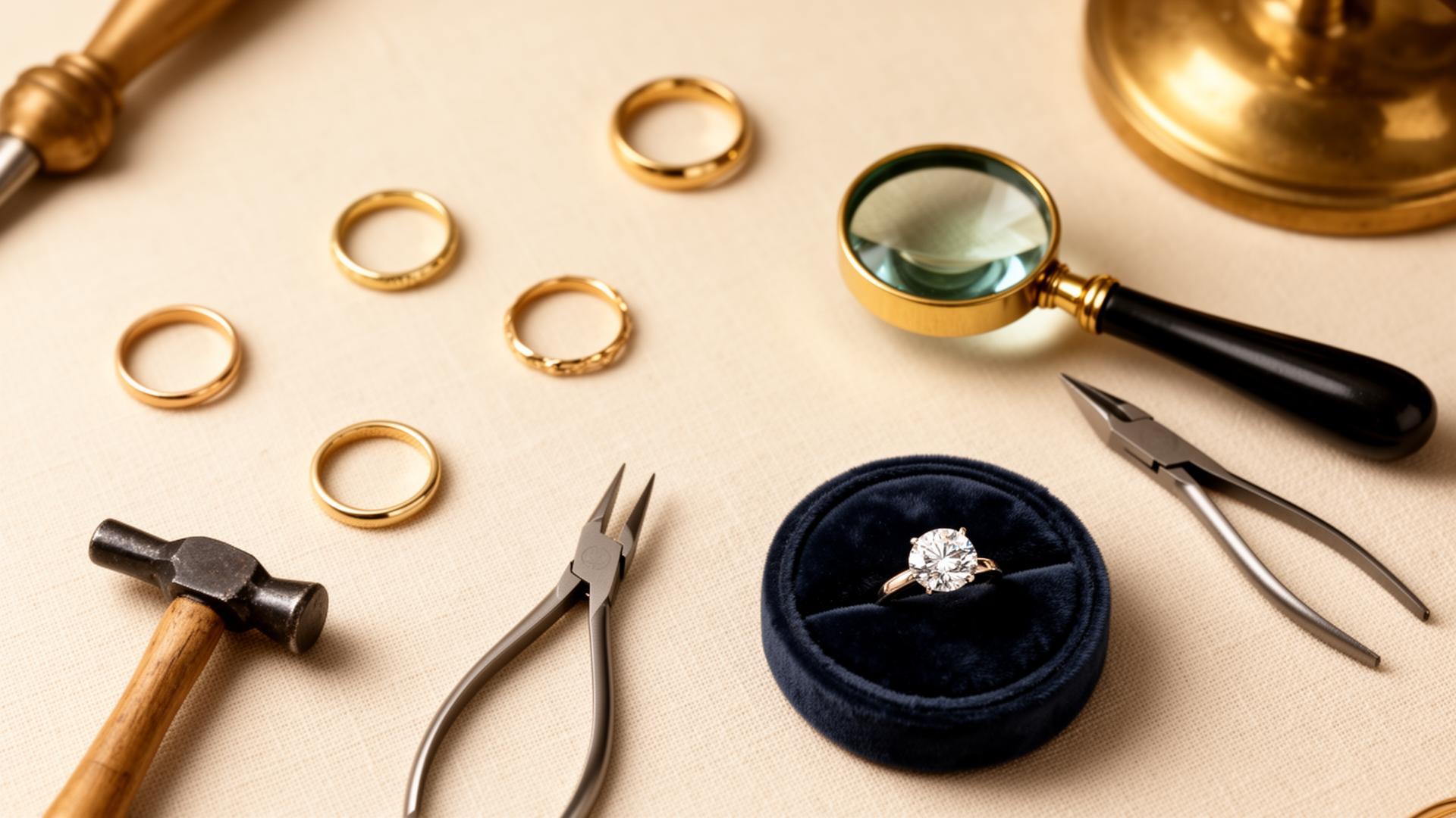 Jewellery workshop with rings, loupe and tools